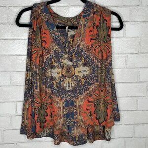 Free People Orange Navy Patterned Sleeveless Tank Top